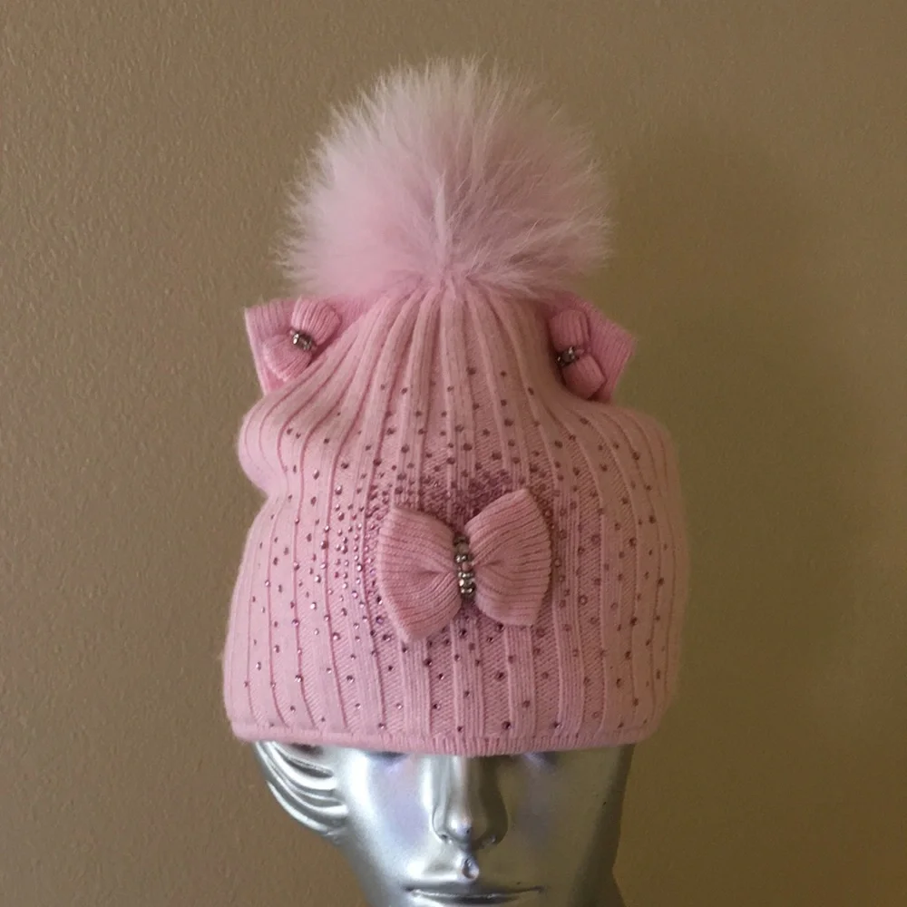 Kitty Cat Ear Beanie Hat With Fox Fur Pom Pom